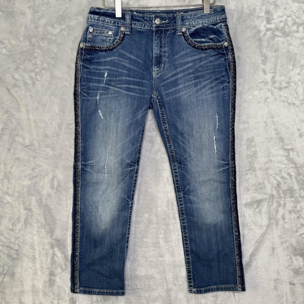 Miss Me Jeans Womens 27 Boyfriend Capri Blue Distressed Embellished Denim Pocket